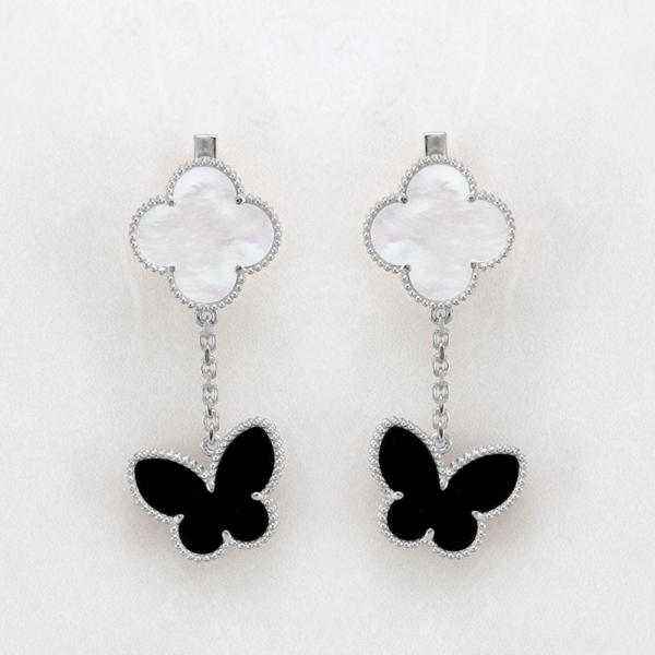 Silver Earrings Clover and Butterfly Onyx