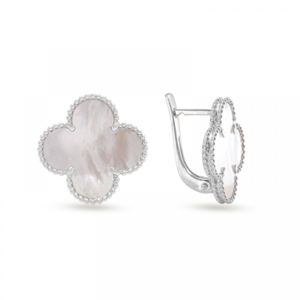 Silver Earrings Clover With White Mother-of-pearl