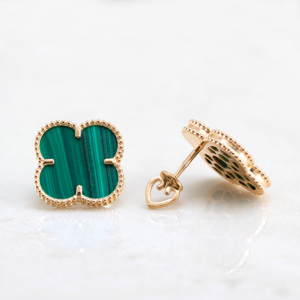 Gold Plated Earrings Clover  With Malachite