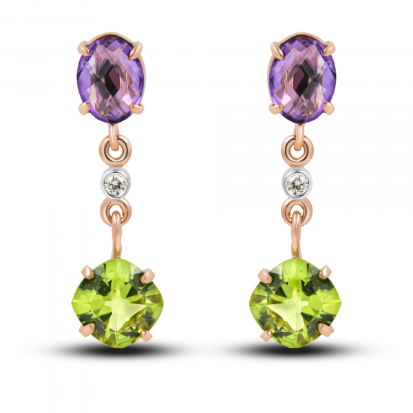 Gold Earrings With Amethyst And Olivine