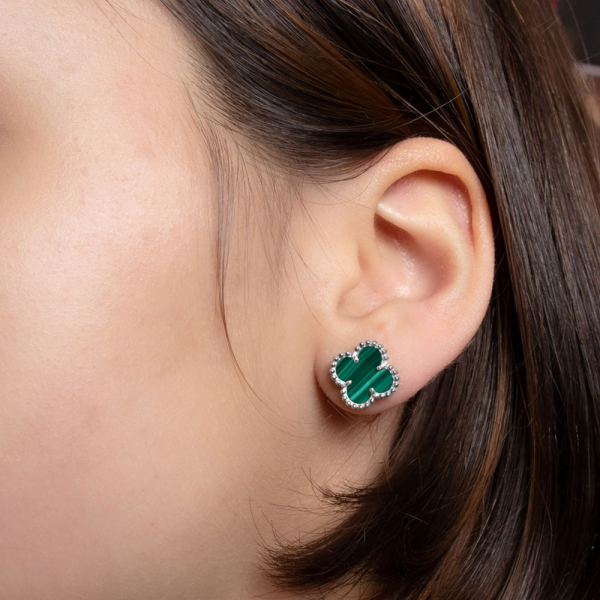 Silver Earrings Clover Mini With Malachite