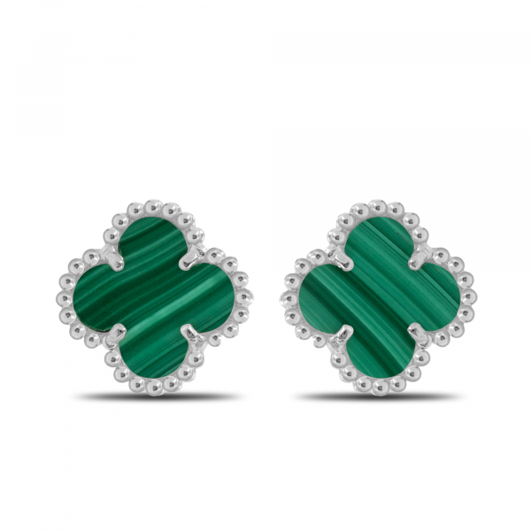 Silver Earrings Clover Mini With Malachite