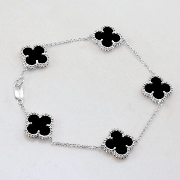 White Gold Bracelet Clover Mini With Onyx