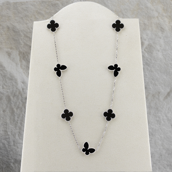 Silver Necklace Clover Onyx